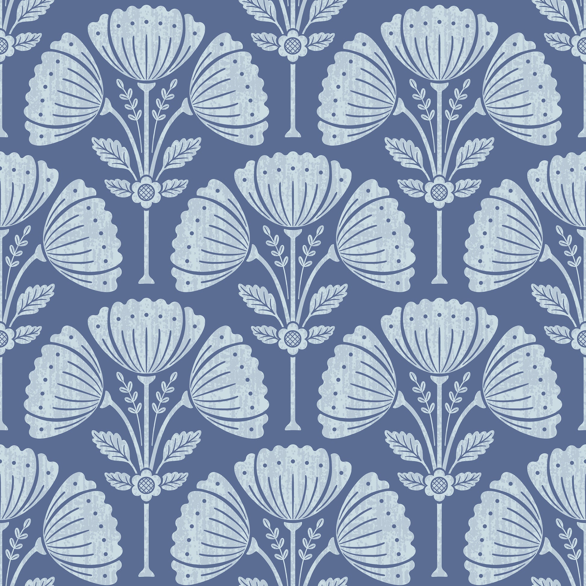 Pattern of stylized flowers in white on a blue background