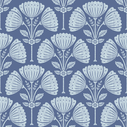 Pattern of stylized flowers in white on a blue background
