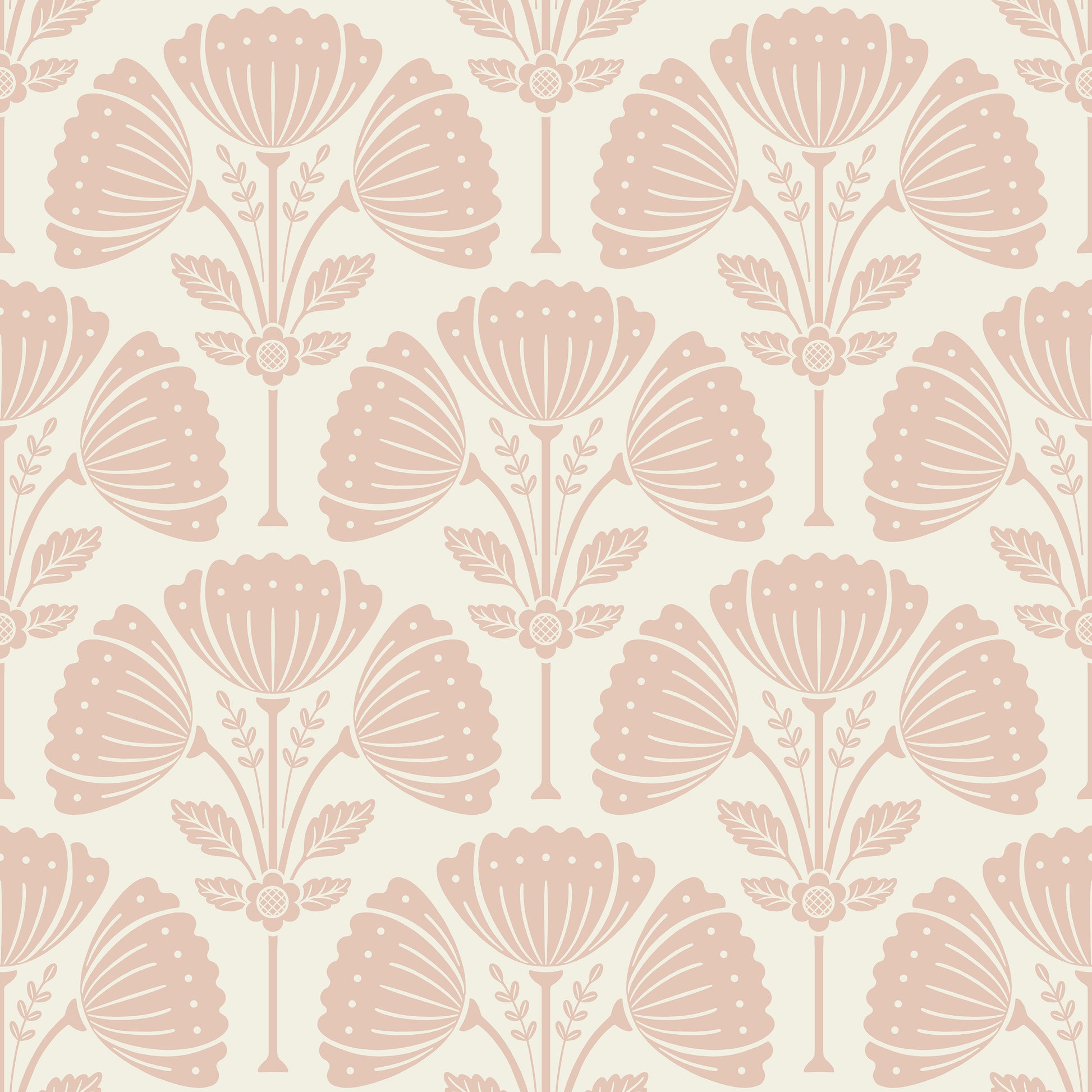 Patterned wallpaper with pink floral design on a light pink background
