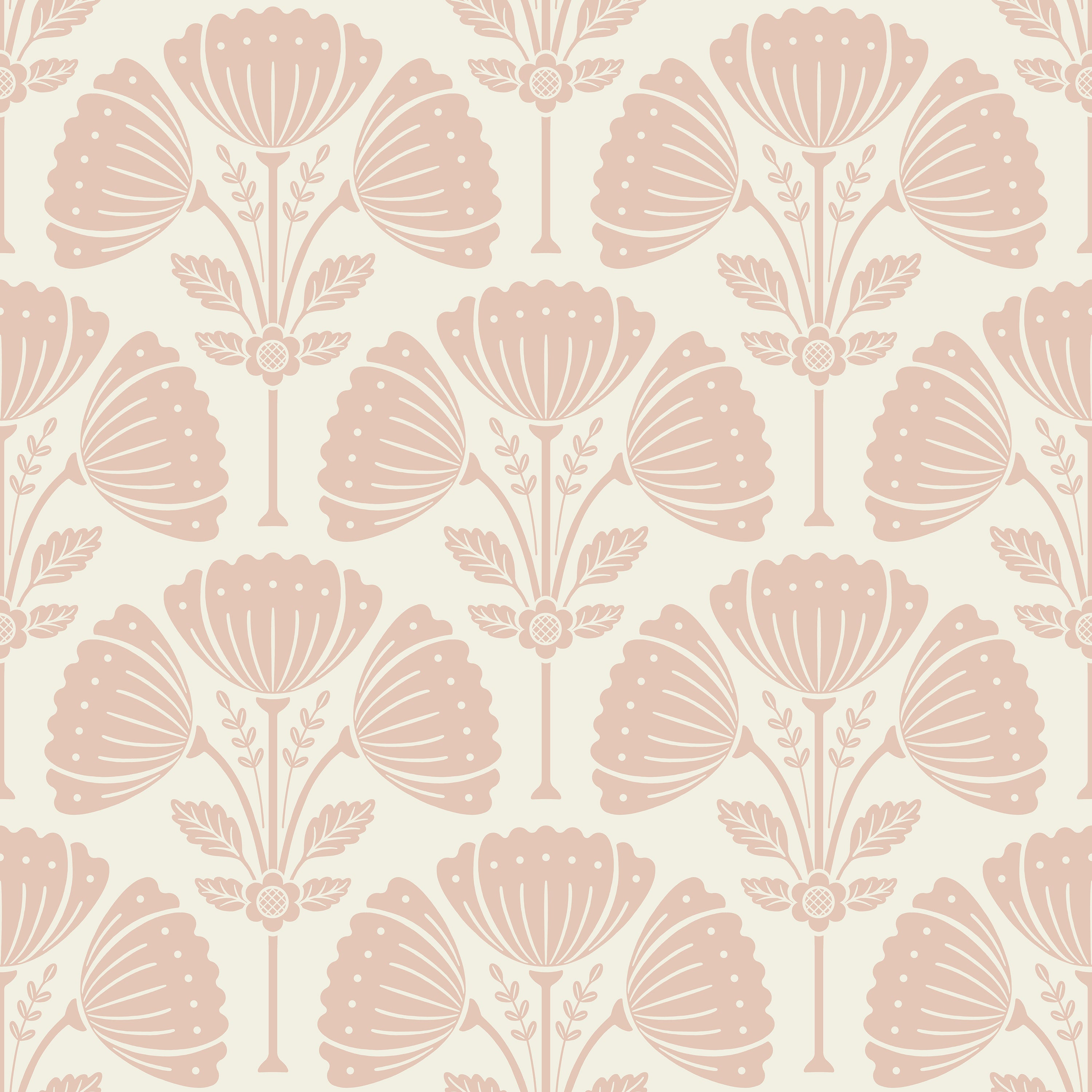 Patterned wallpaper with pink floral design on a light pink background