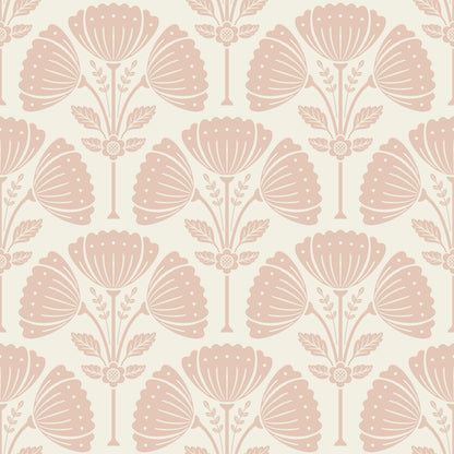 Patterned wallpaper with pink floral design on a light pink background