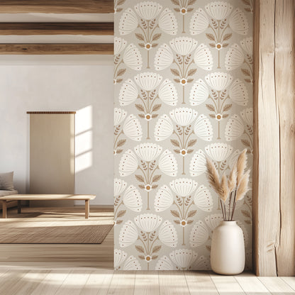 Room interior with a decorative wall panel featuring a floral pattern.