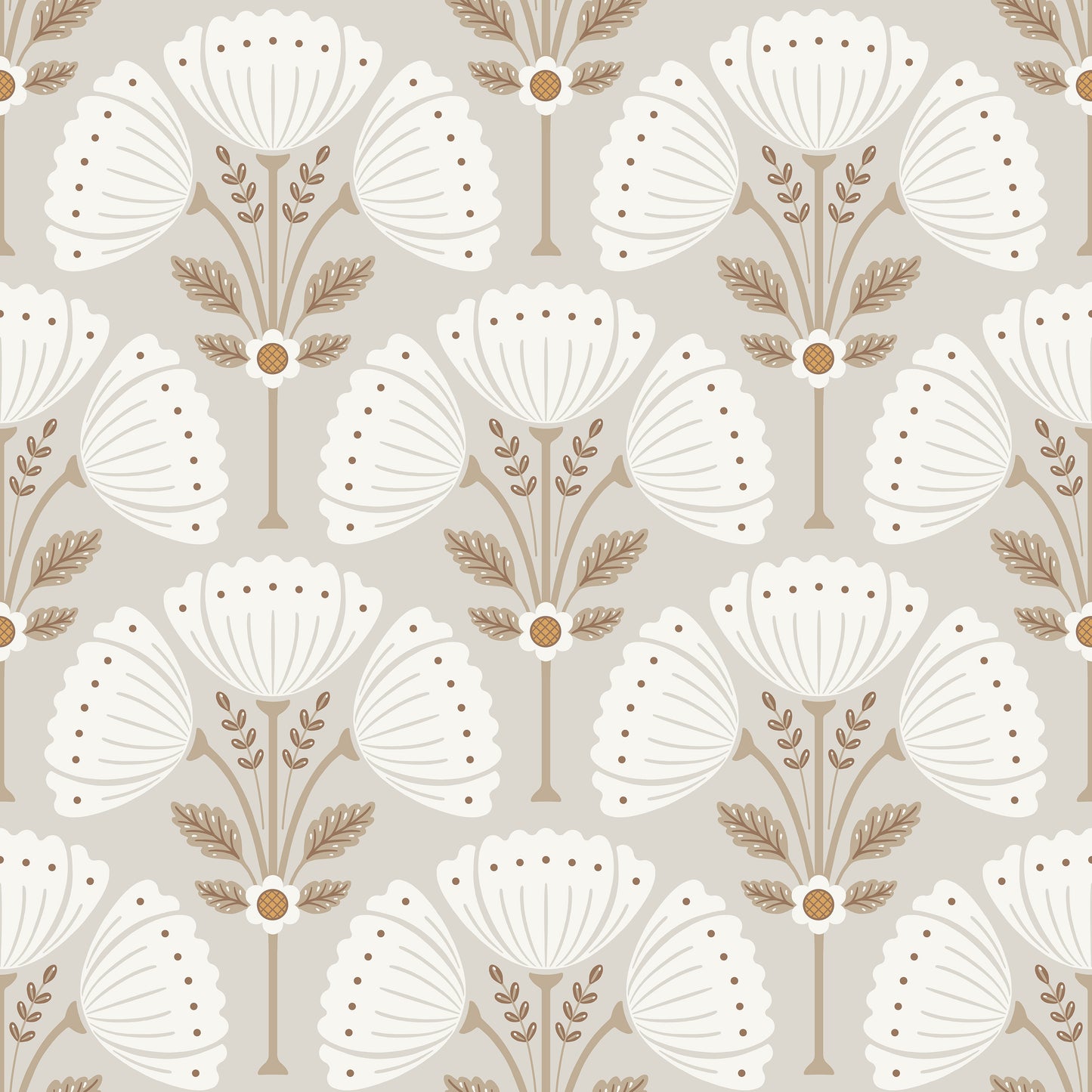 Pattern of white floral shapes with brown accents on a light gray background