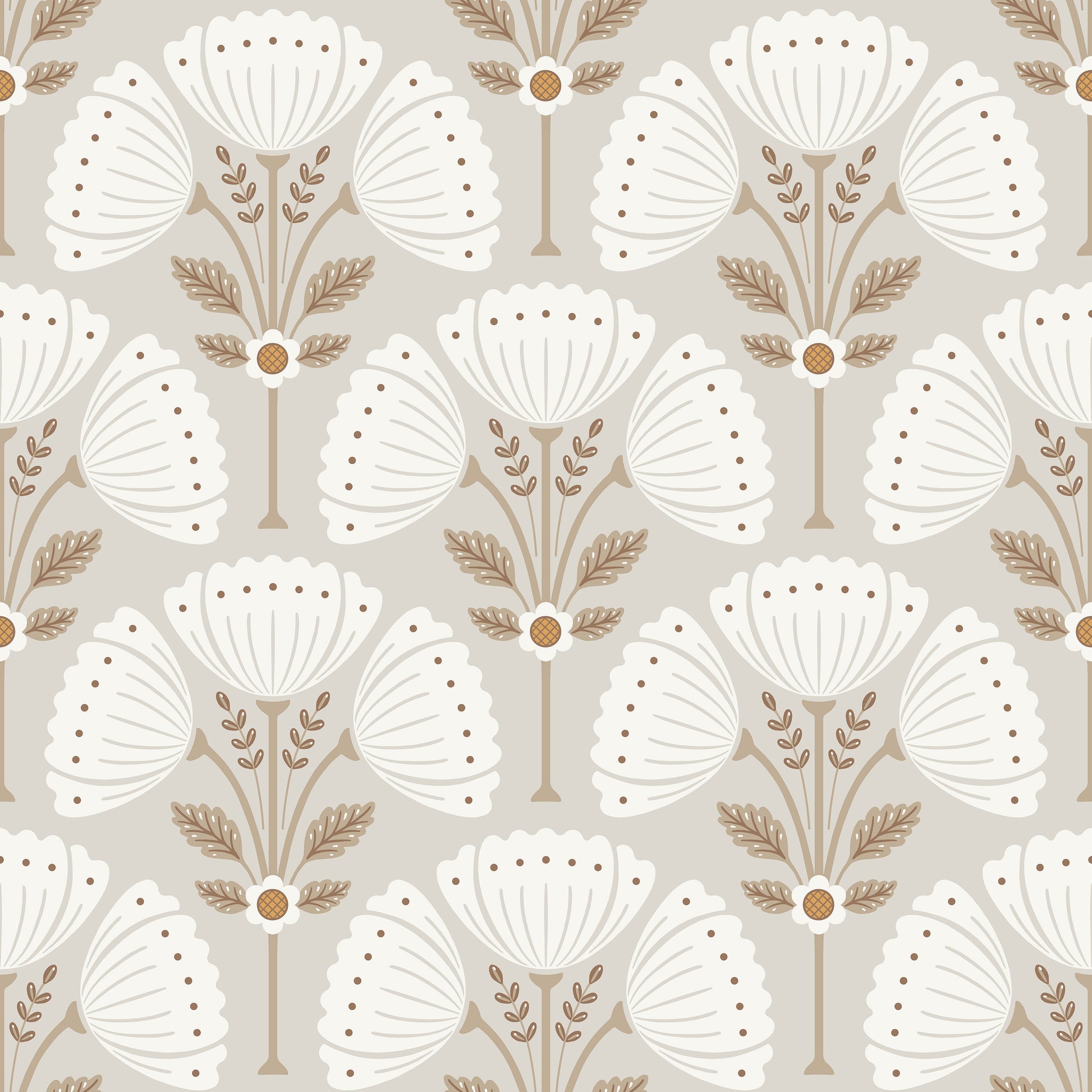 Pattern of white floral shapes with brown accents on a light gray background