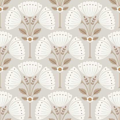 Pattern of white floral shapes with brown accents on a light gray background
