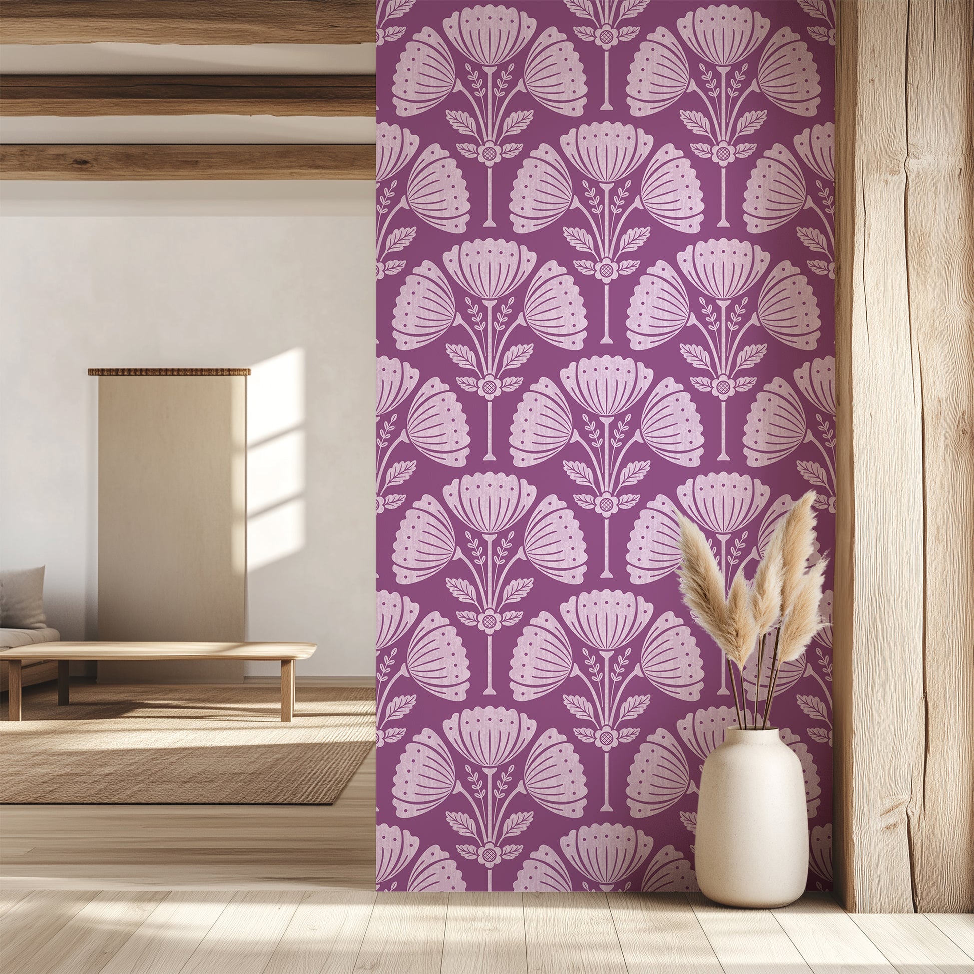 Purple and white floral patterned room divider in a modern living room.