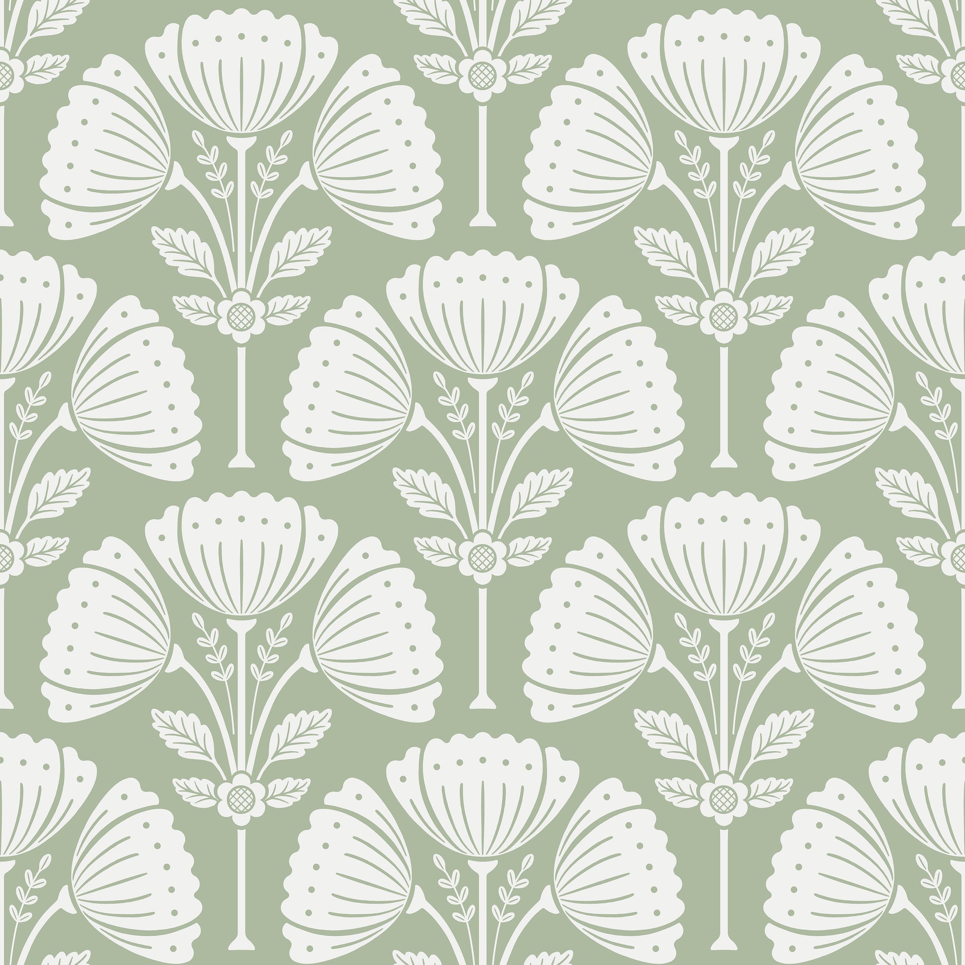 White floral pattern on a green background