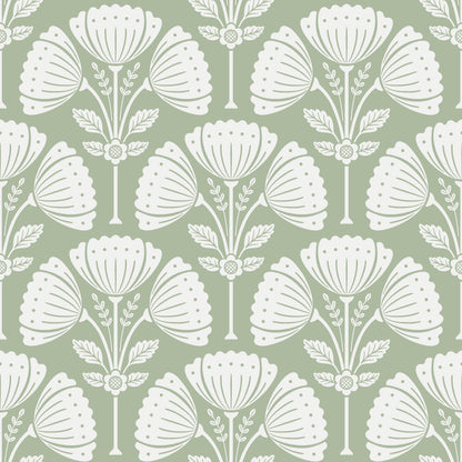White floral pattern on a green background