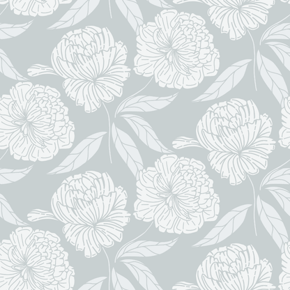 Floral pattern with white flowers and leaves on a light gray background
