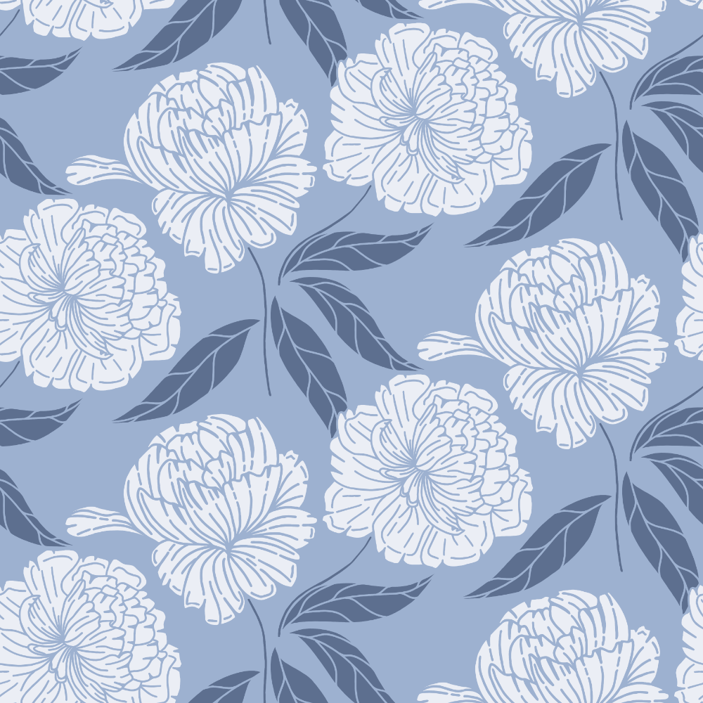 Floral pattern with white flowers and leaves on a blue background