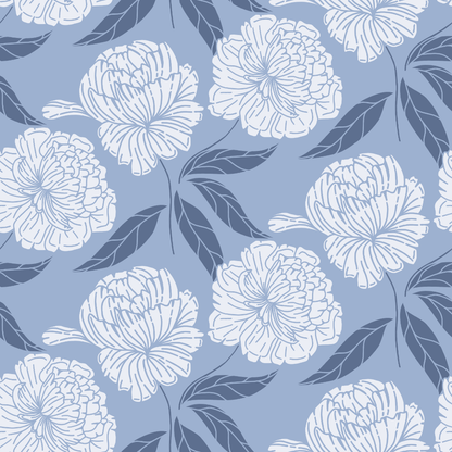 Floral pattern with white flowers and leaves on a blue background