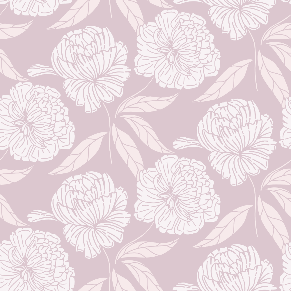 Floral pattern with white flowers and leaves on a light purple background
