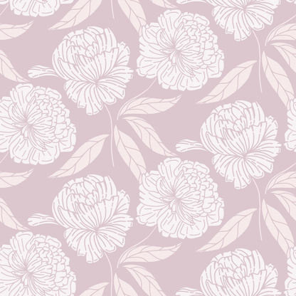 Floral pattern with white flowers and leaves on a light purple background