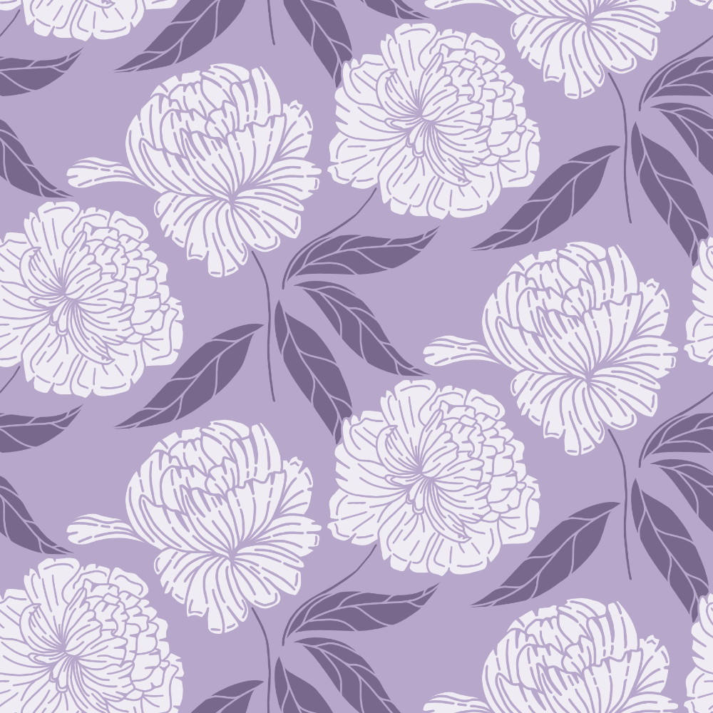 Floral pattern with white flowers and leaves on a purple background