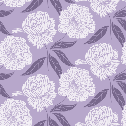 Floral pattern with white flowers and leaves on a purple background