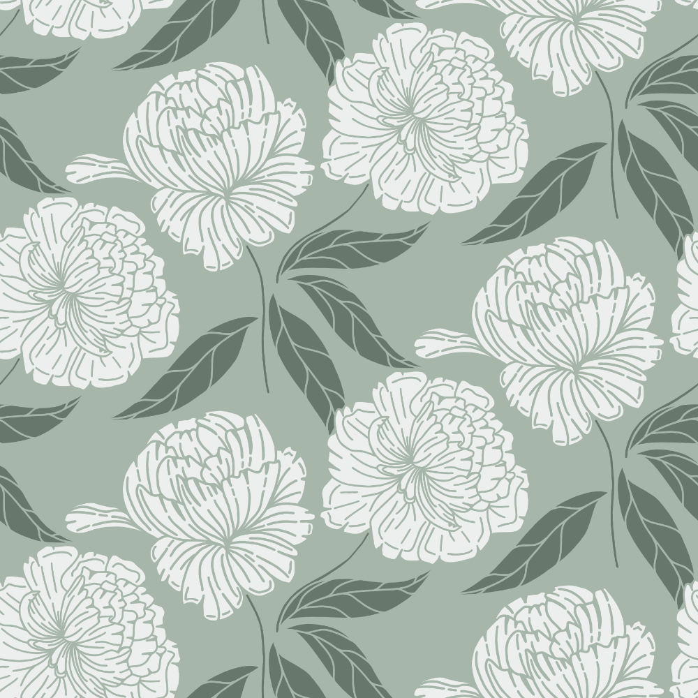 Floral pattern with white flowers and green leaves on a light blue background