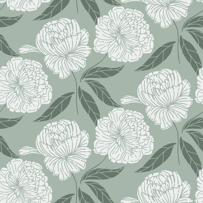 Floral pattern with white flowers and green leaves on a light blue background