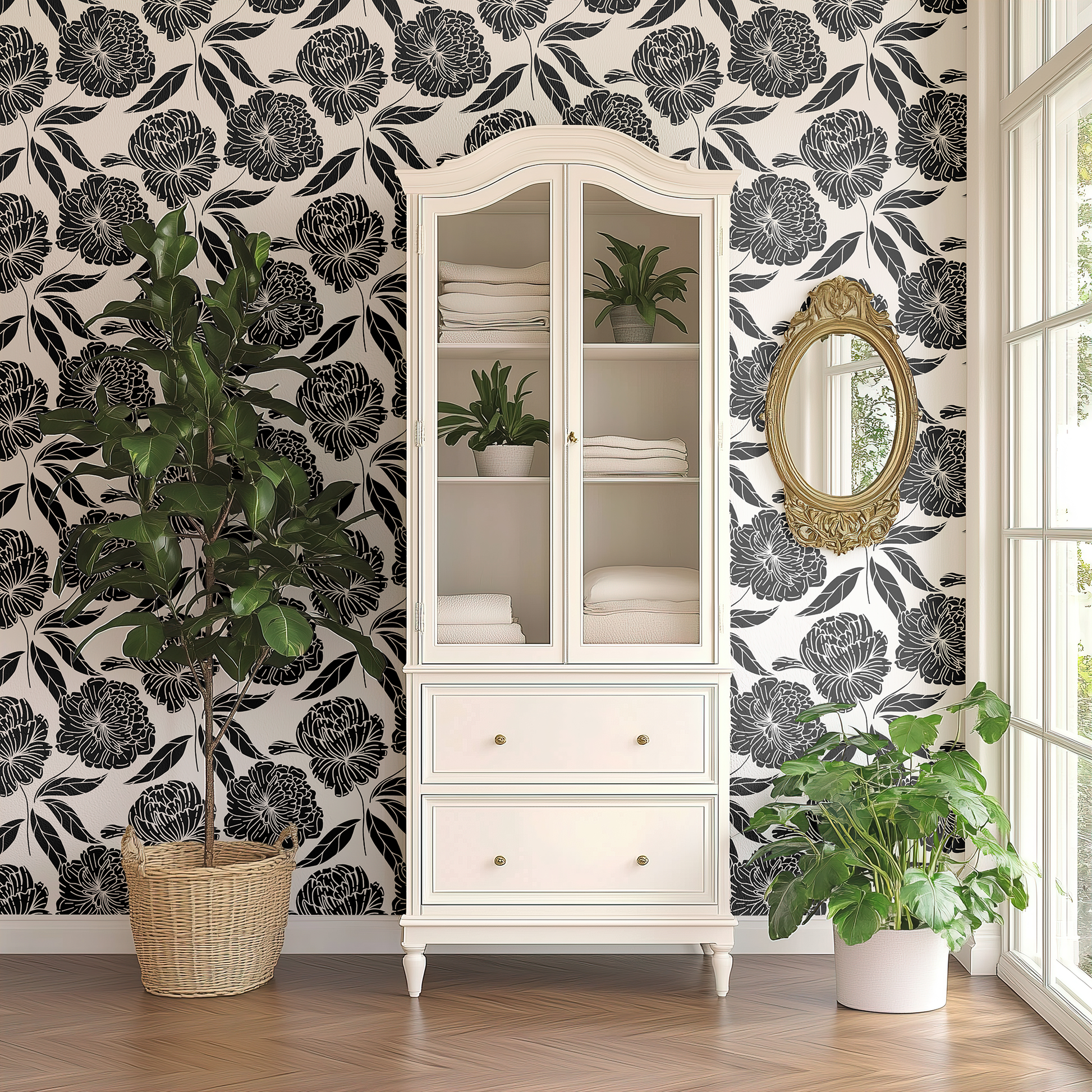 Room interior with floral wallpaper, white cabinet, and potted plants.