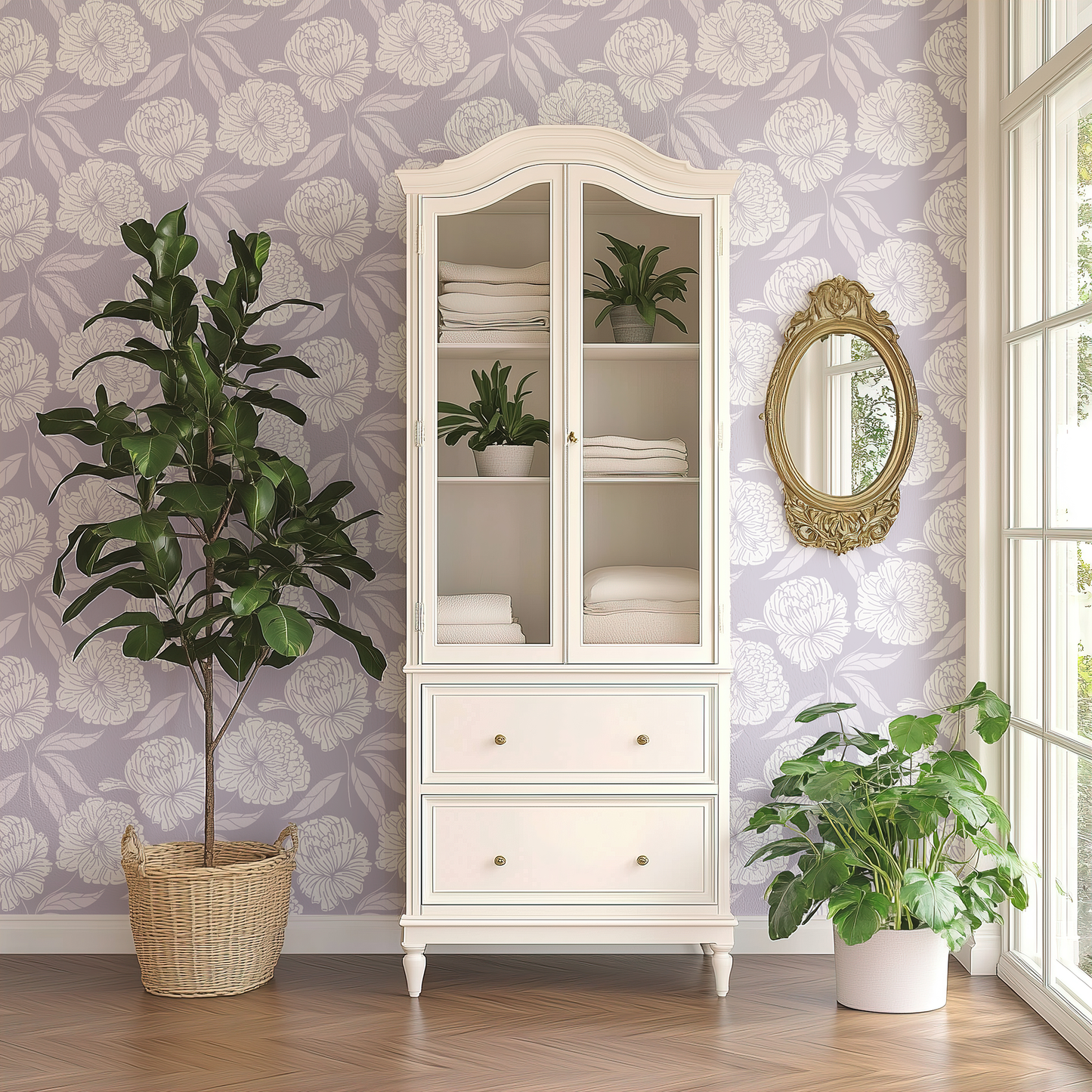 White armoire with glass doors, plants, and a decorative mirror in a room with floral wallpaper.