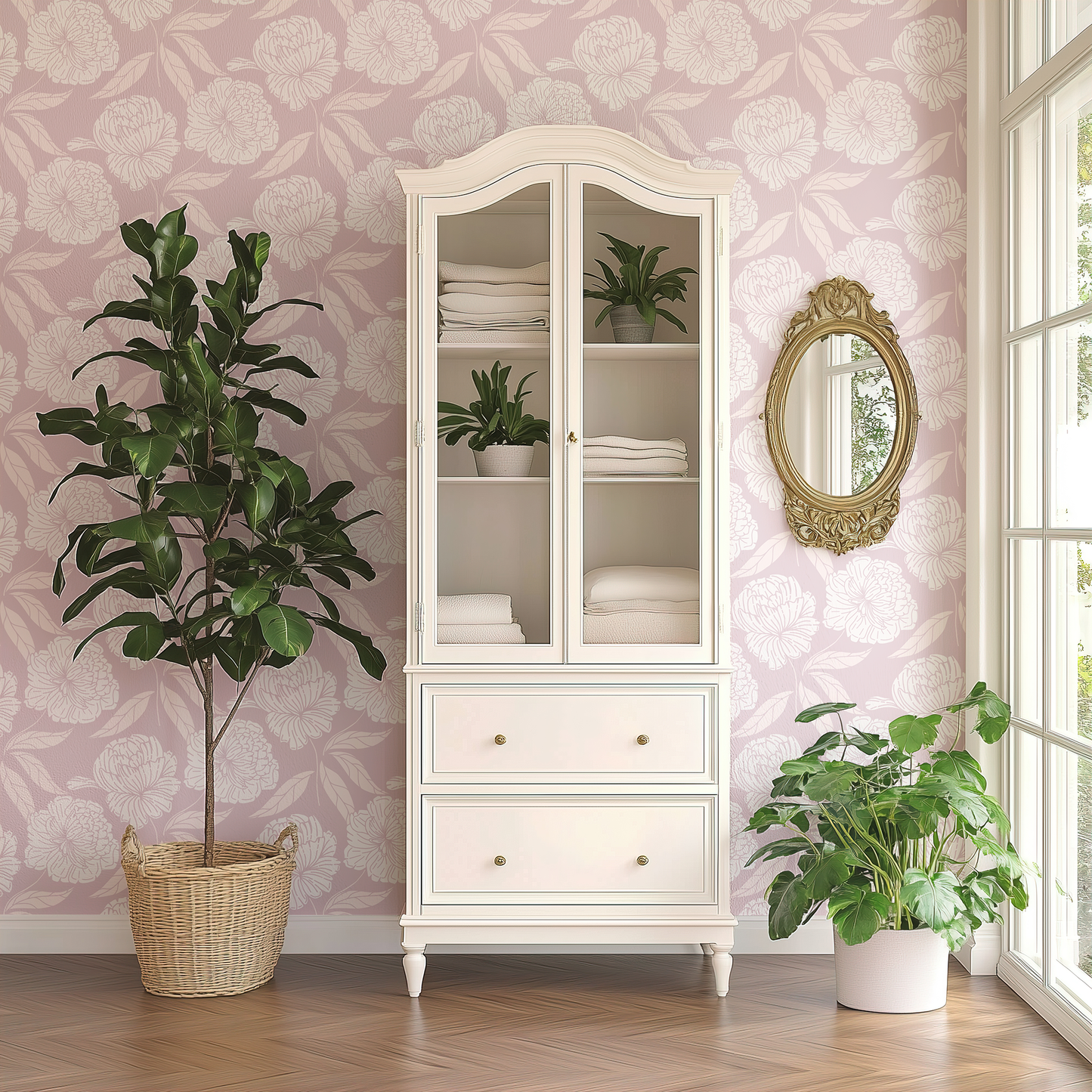 White cabinet with glass doors, plants, and a decorative mirror in a room with pink floral wallpaper.
