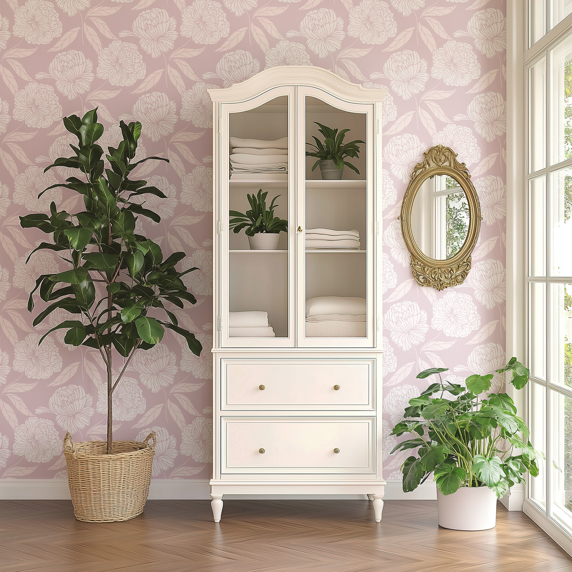 White cabinet with glass doors, plants, and a decorative mirror in a room with pink floral wallpaper.