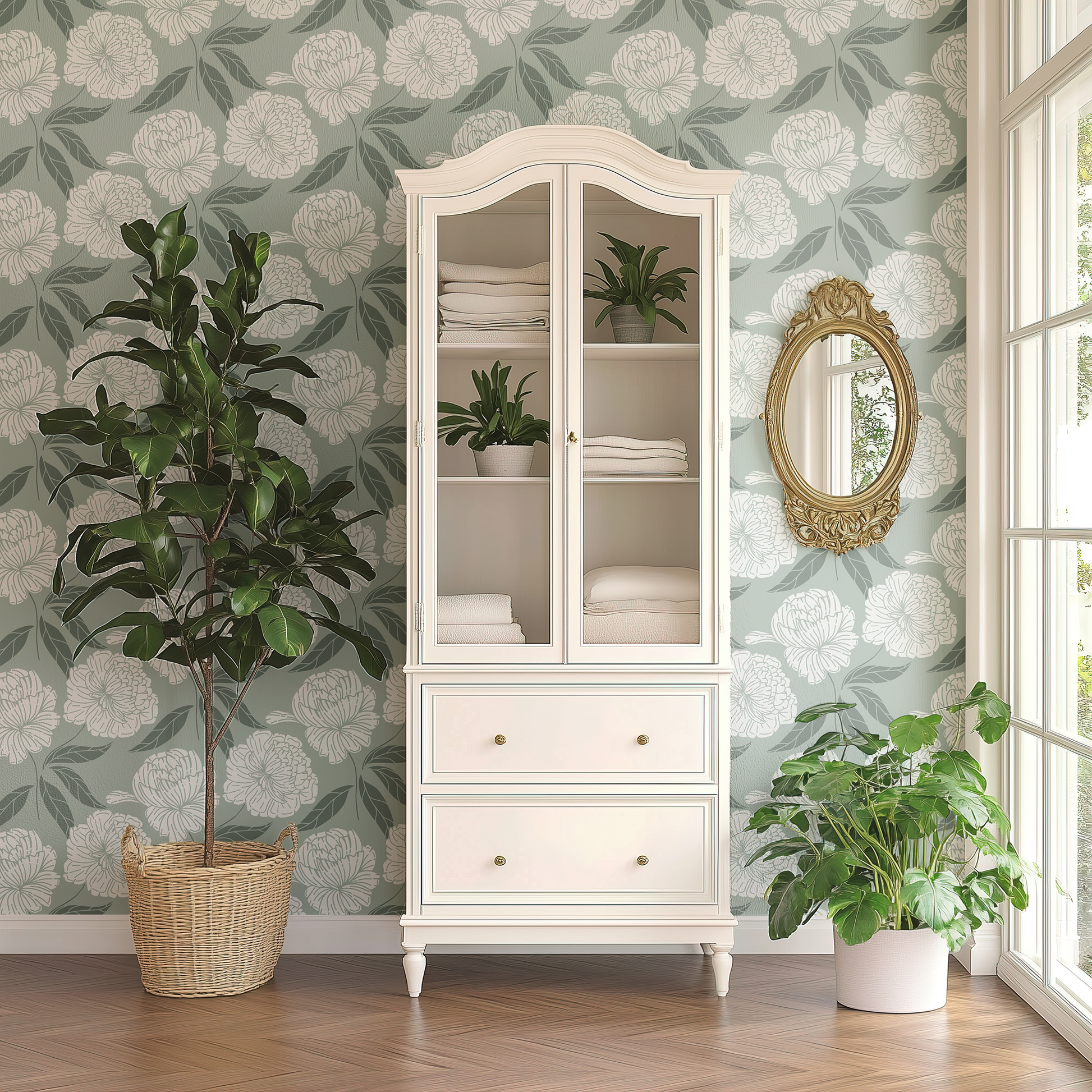 White cabinet with glass doors against a floral wallpaper wall, with plants and a mirror.