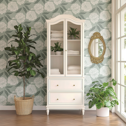 White cabinet with glass doors against a floral wallpaper wall, with plants and a mirror.