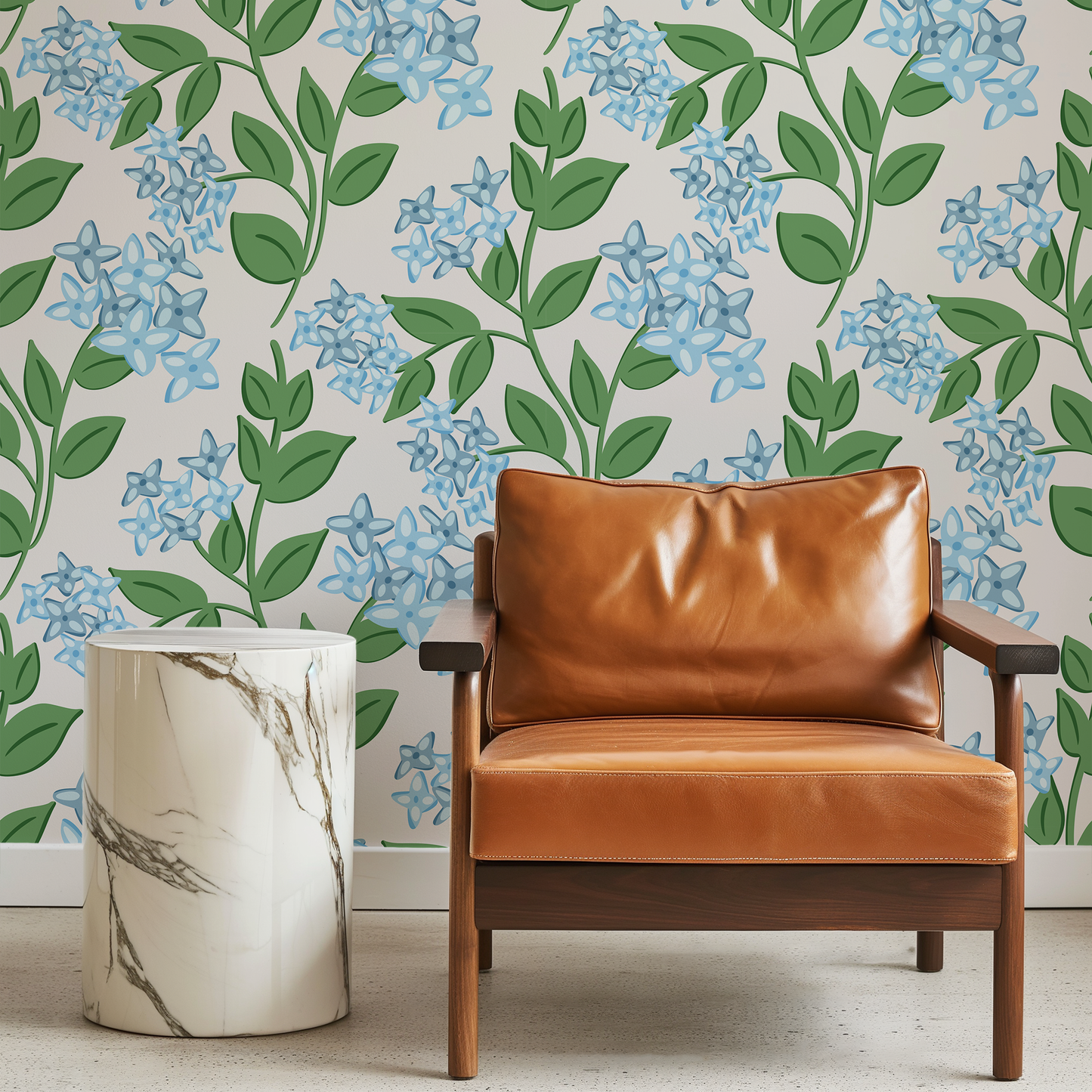 Blooming Hydrangeas Blue peel and stick wallpaper room mockup