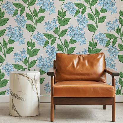 Blooming Hydrangeas Blue peel and stick wallpaper room mockup