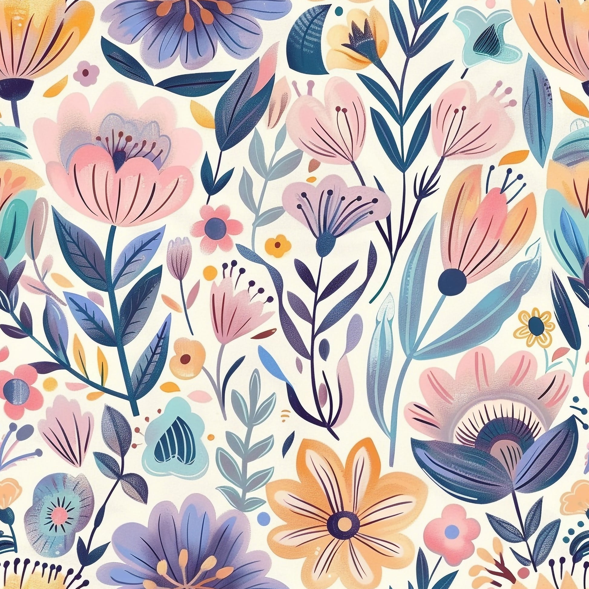 Colorful floral pattern with various flowers and leaves on a light background