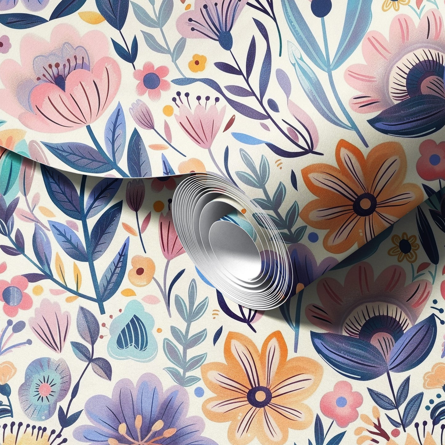 Roll of floral-patterned paper with colorful flowers and leaves.