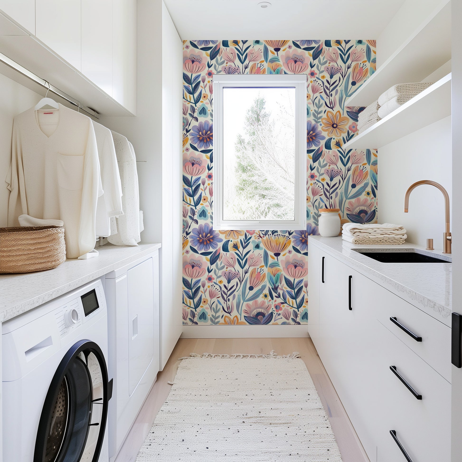 Modern laundry room with floral wallpaper, washing machine, and window.