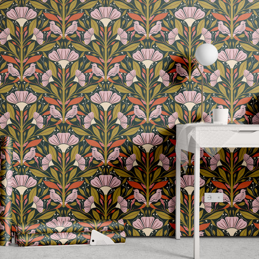 Blooms and Chirps Wallpaper