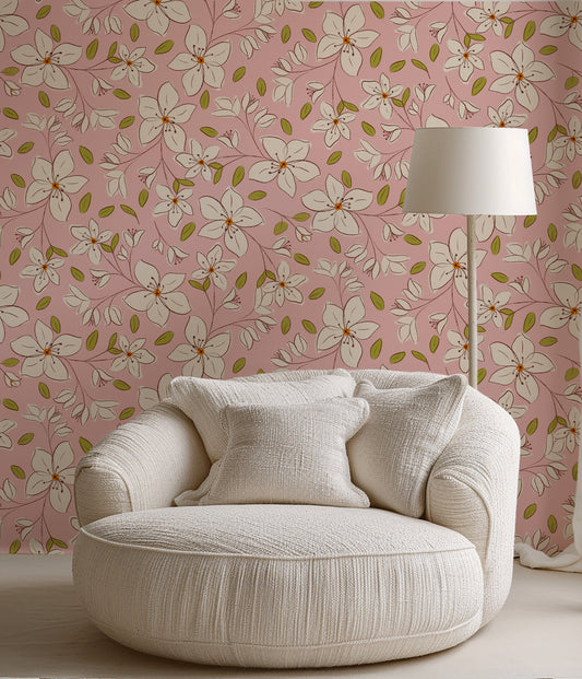 Blossom Soft Cozy Pink peel and stick wallpaper room mockup