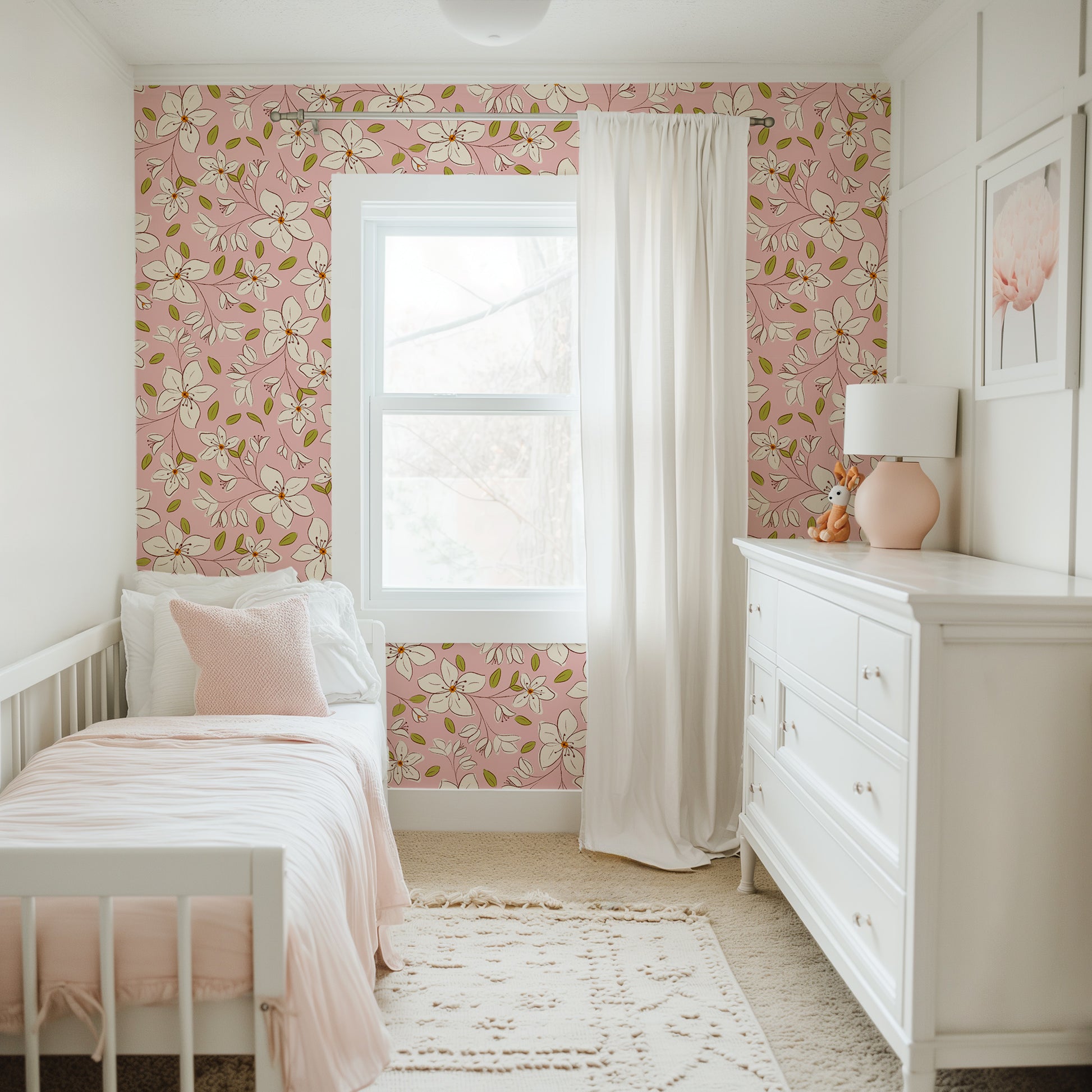 Blossom Soft Cozy Pink peel and stick wallpaper room mockup