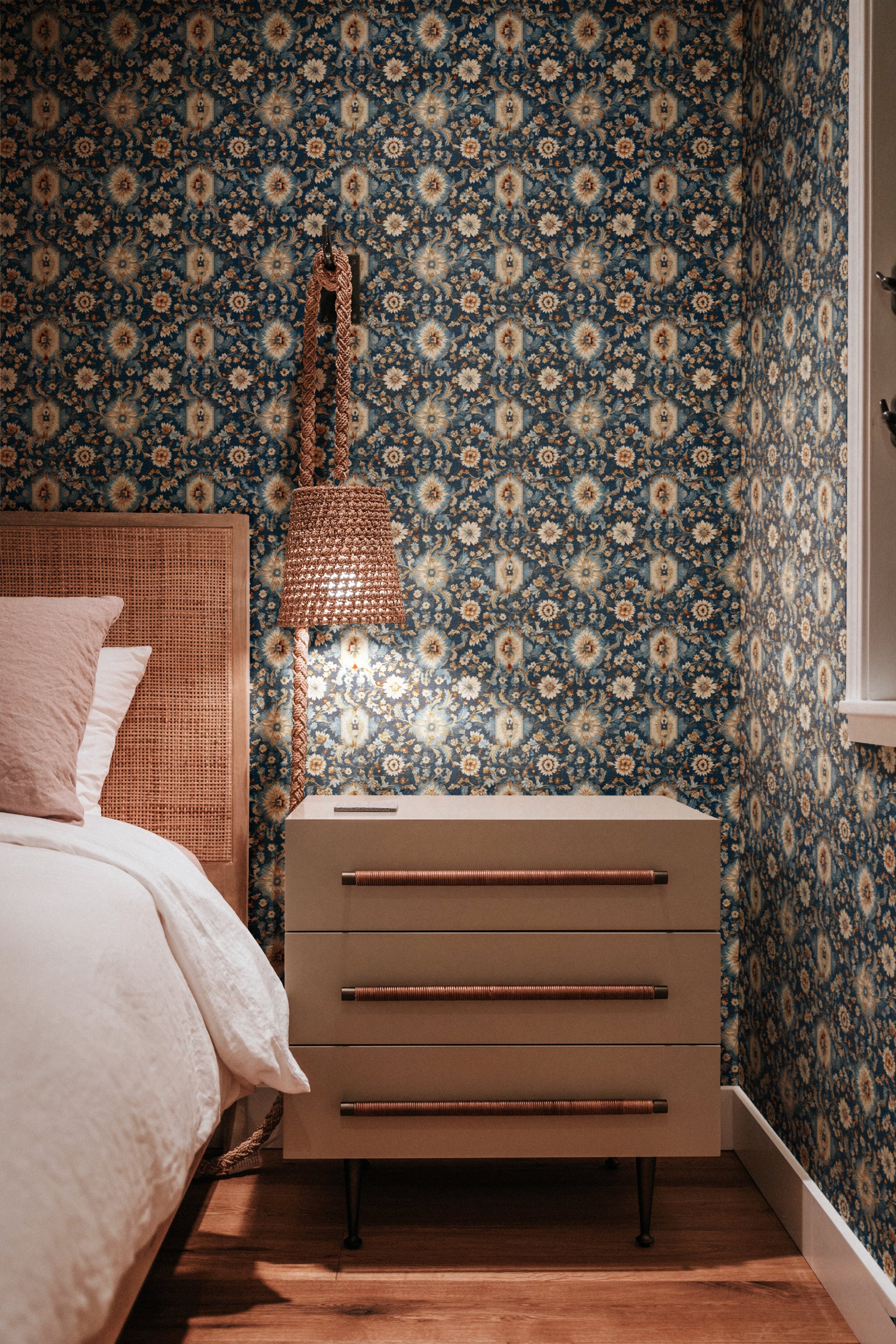Blue Geometric Floral peel and stick wallpaper room mockup