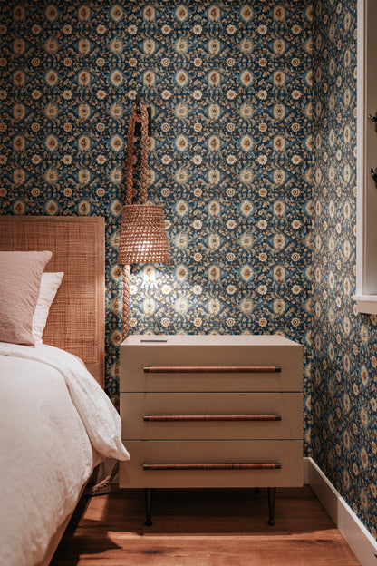 Blue Geometric Floral peel and stick wallpaper room mockup