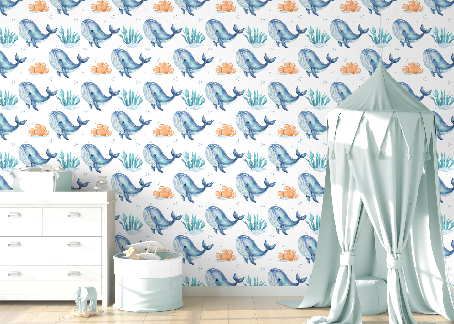 Blue Whales peel and stick wallpaper room mockup