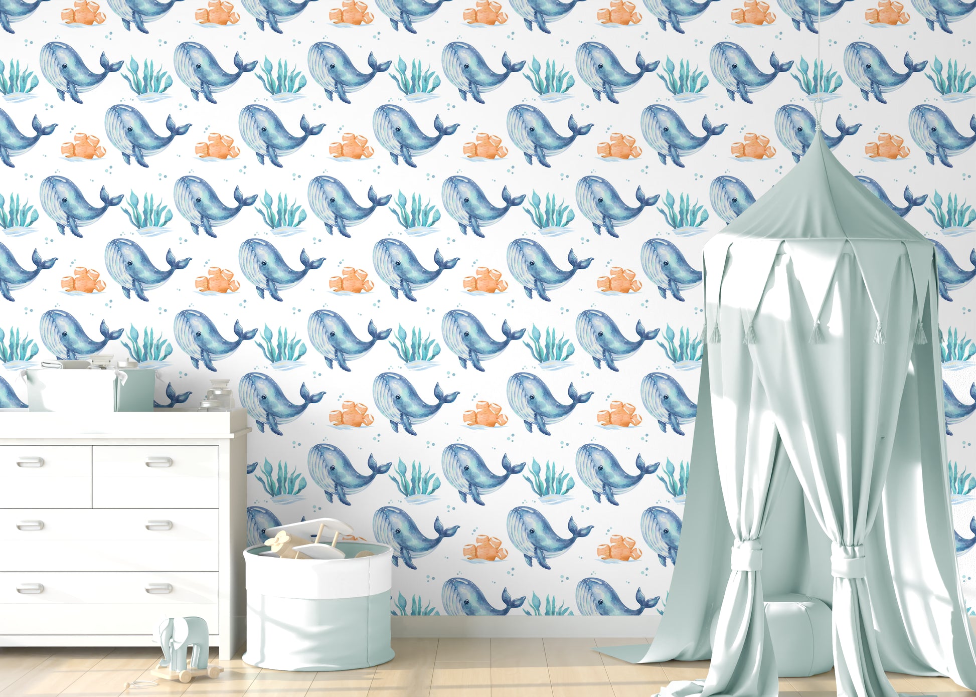 Blue Whales peel and stick wallpaper room mockup