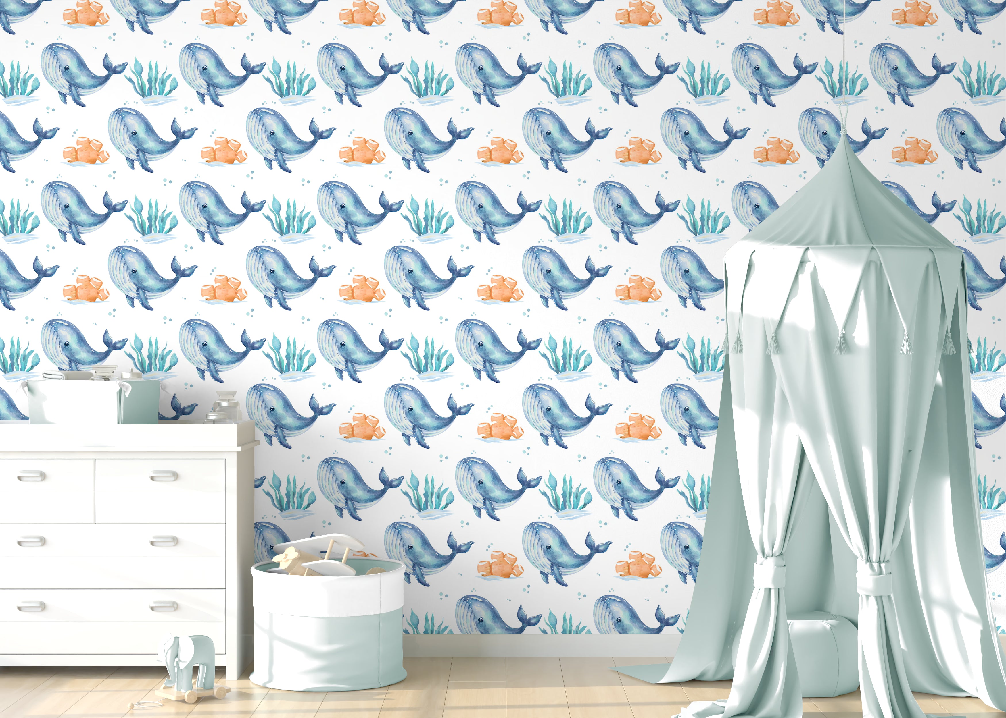 Blue Whales peel and stick wallpaper room mockup