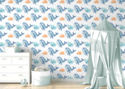 Blue Whales peel and stick wallpaper room mockup