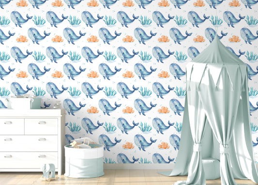 Blue Whales peel and stick wallpaper room mockup