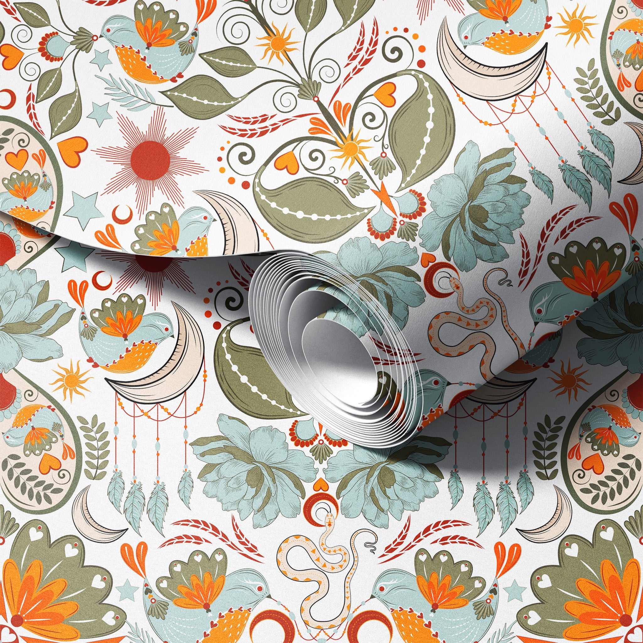 Roll of decorative paper with a colorful floral pattern on a white background