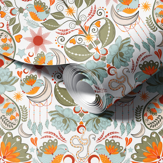 Roll of decorative paper with a colorful floral pattern on a white background