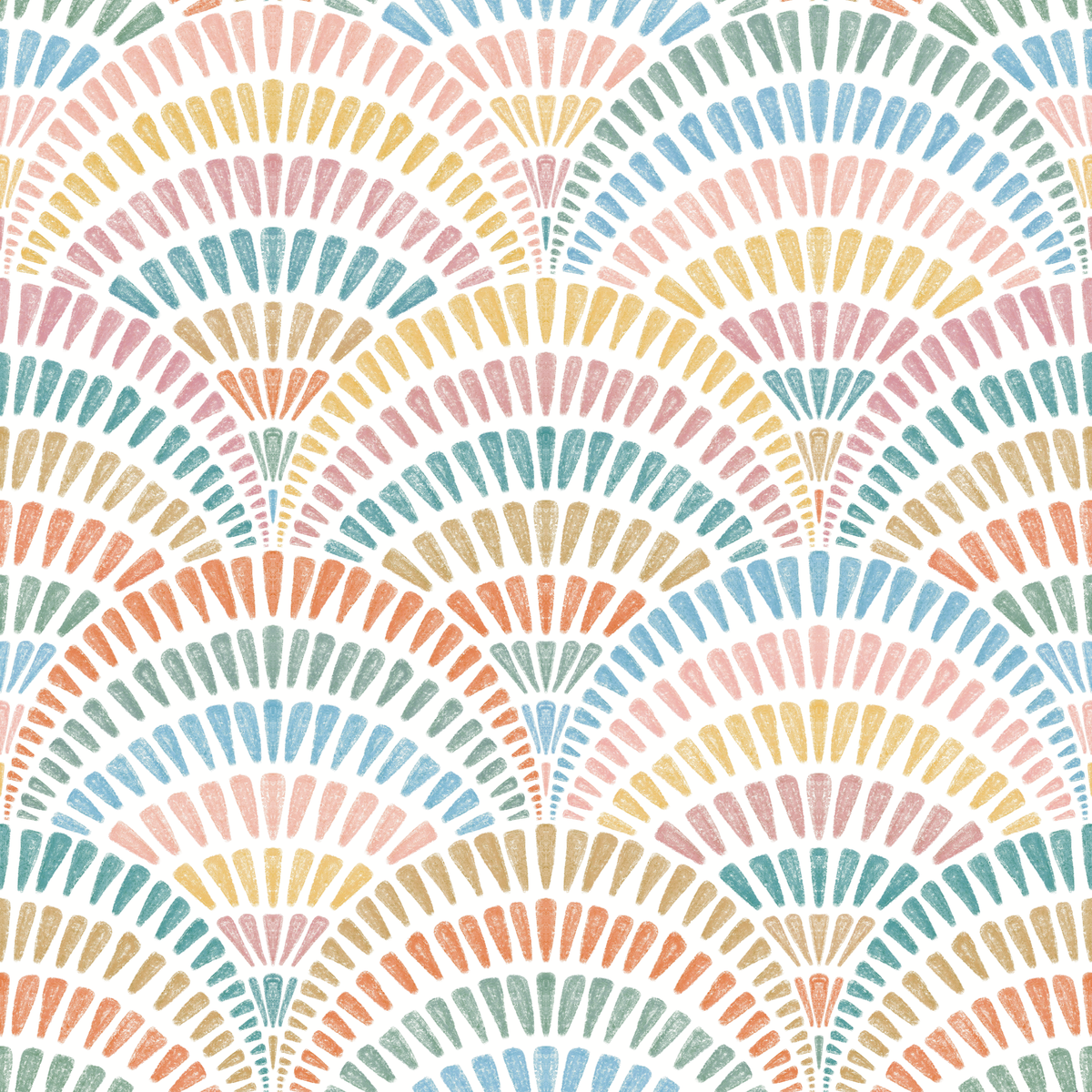 A repeating pastel fan pattern on a white background, with curved rows of small teardrop-like shapes in pink, peach, orange, yellow, and light blue.