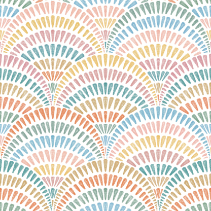 A repeating pastel fan pattern on a white background, with curved rows of small teardrop-like shapes in pink, peach, orange, yellow, and light blue.