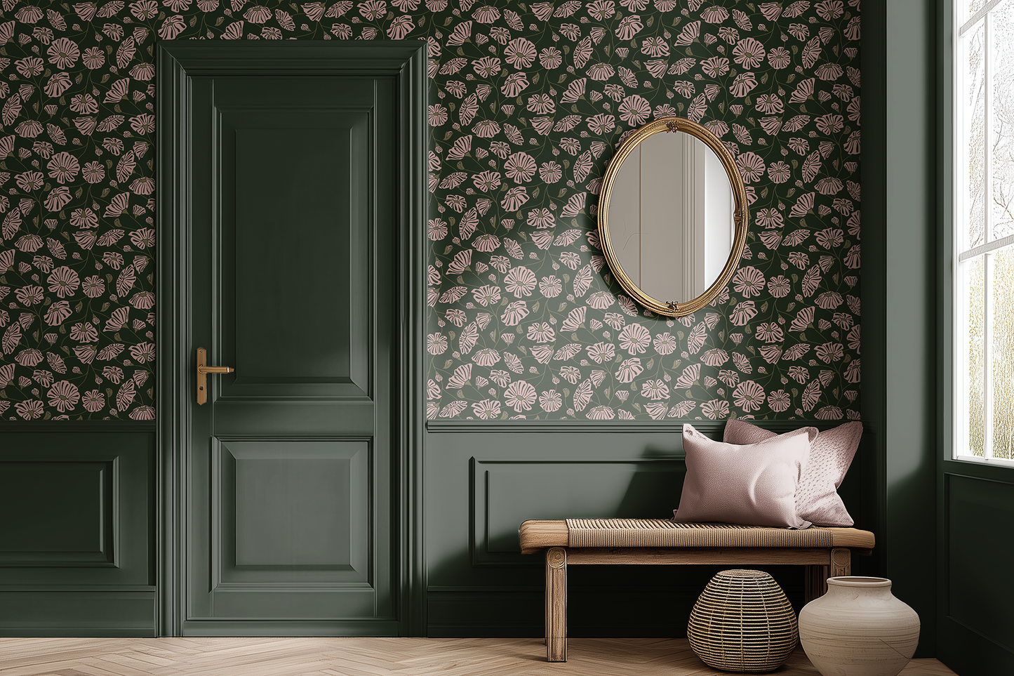 Room interior with floral wallpaper, dark green door, and wooden bench.