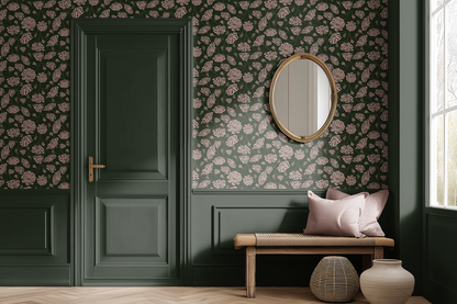 Room interior with floral wallpaper, dark green door, and wooden bench.