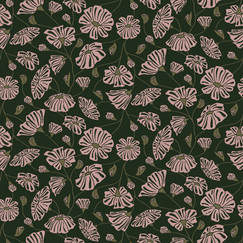 Pattern of pink flowers on a dark green background