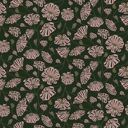 Pattern of pink flowers on a dark green background